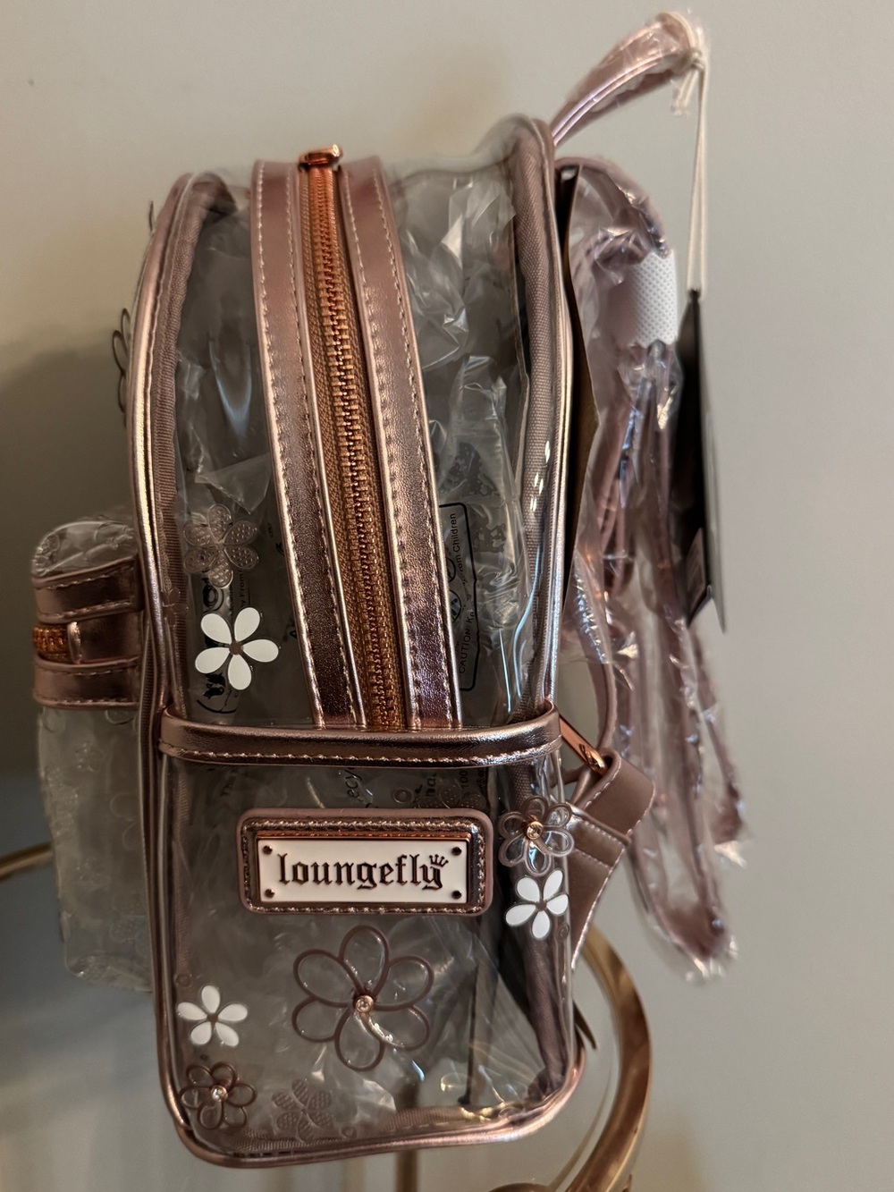 Loungefly Branded Clear Mini Rose Gold Floral Backpack - Picture 4 of 5